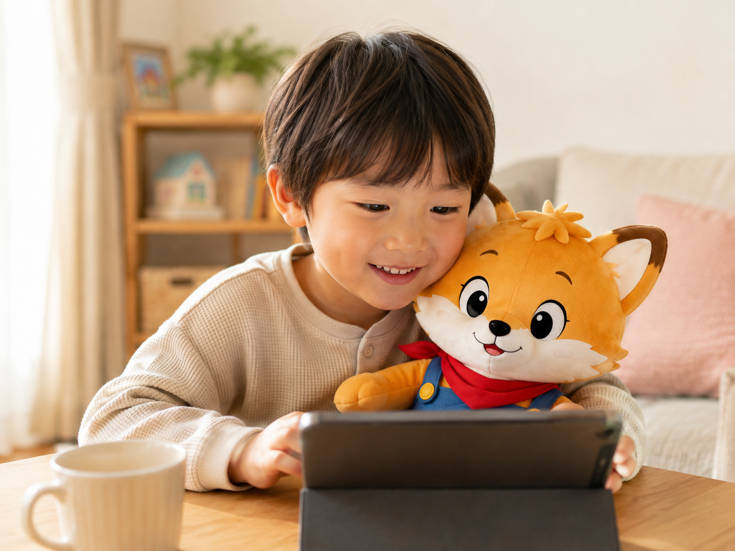 子どもがきーたんのぬいぐるみと一緒にタブレットを見ている様子