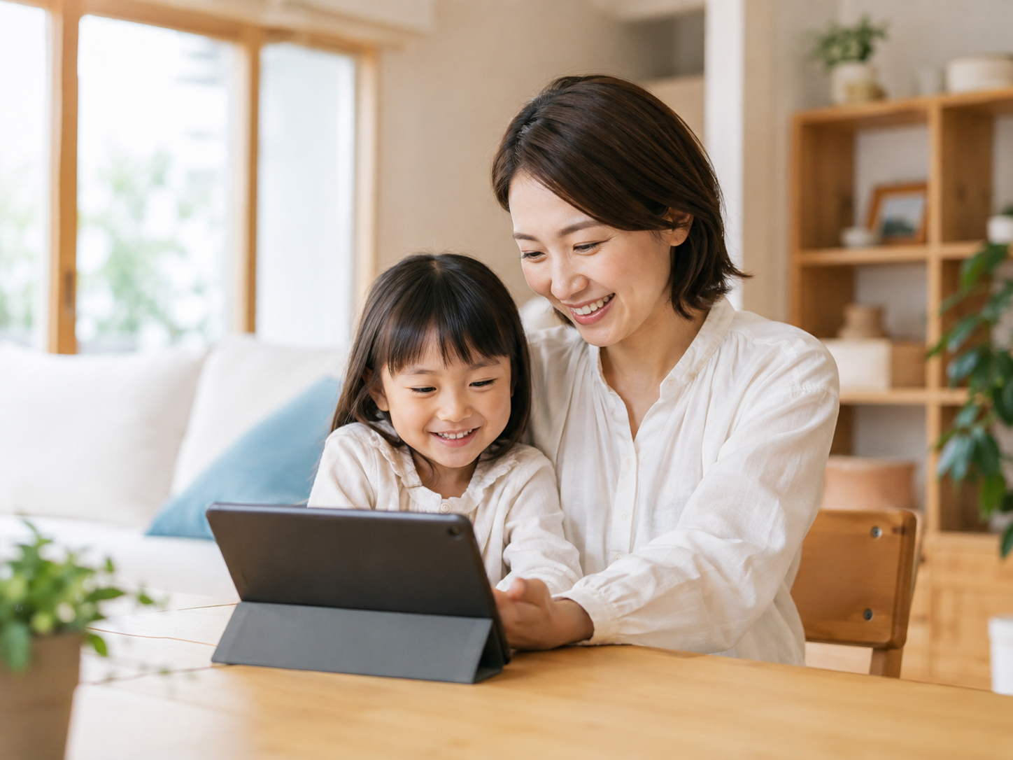 お母さんと子どもが一緒にタブレットを見ている様子